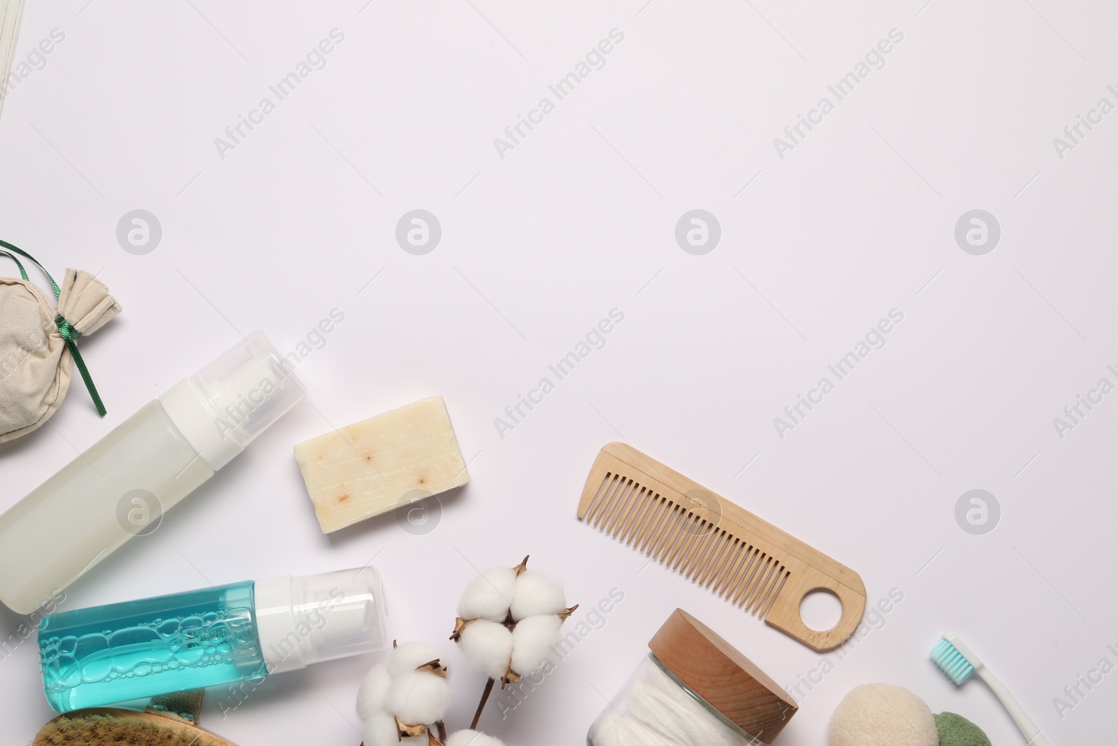 Photo of Bath accessories. Flat lay composition with personal care products on white background, space for text