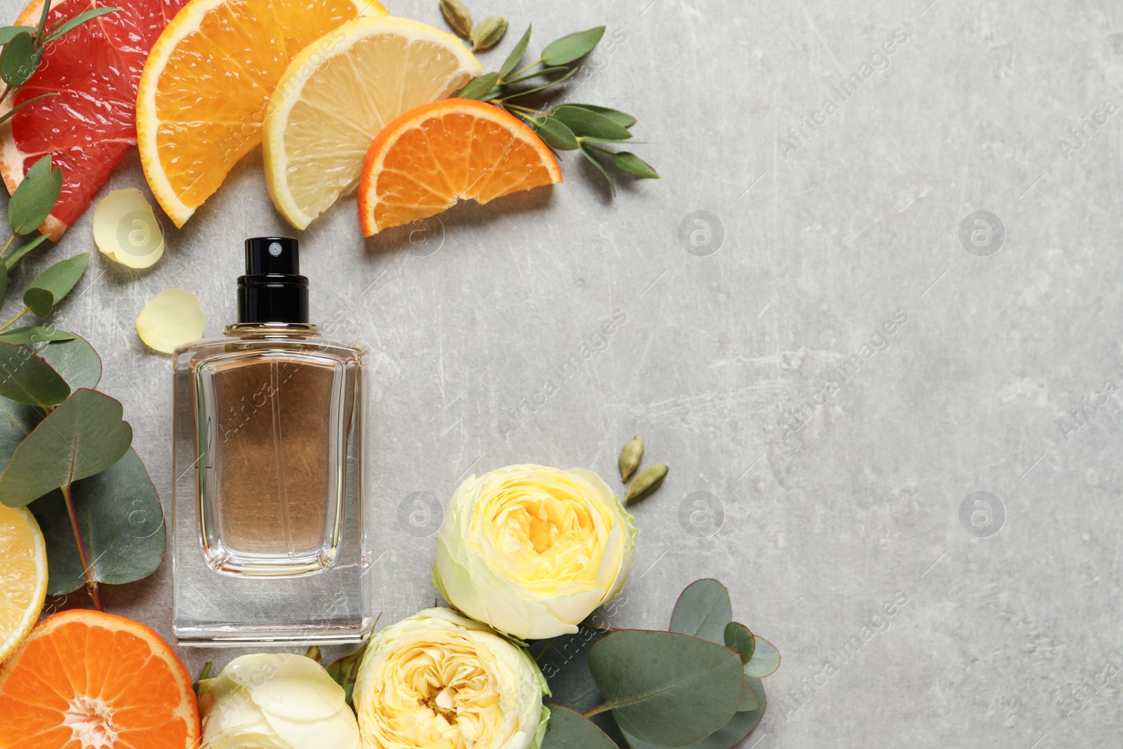 Photo of Flat lay composition with bottle of perfume and fresh citrus fruits on light grey table. space for text