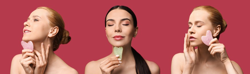 Image of Collage with portraits of beautiful women doing facial massage with gua sha tools on red background