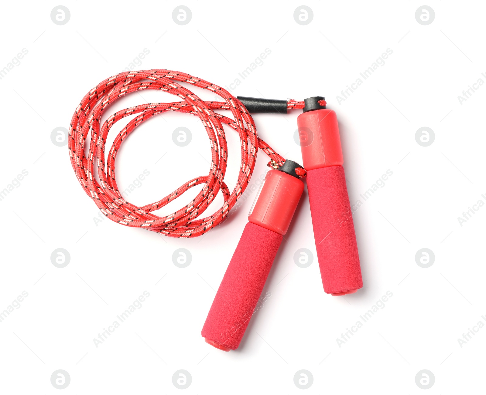 Photo of Jump rope on white background, top view