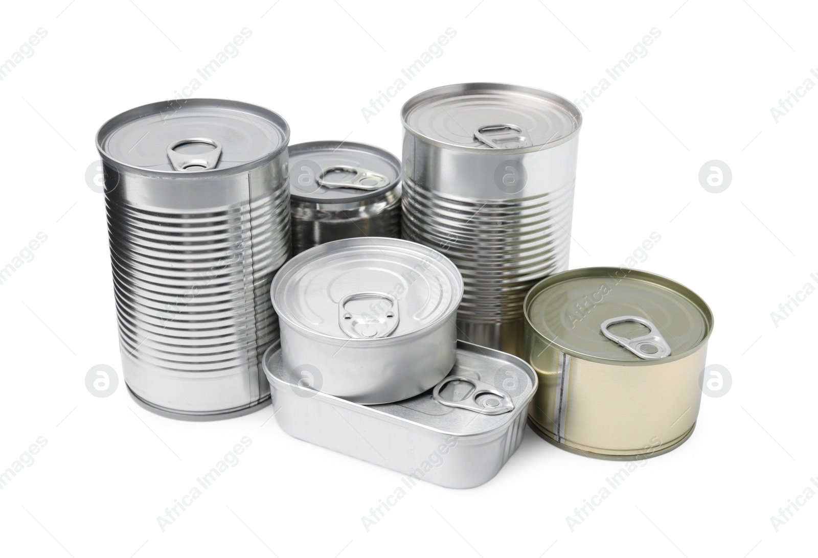 Photo of Many closed tin cans isolated on white