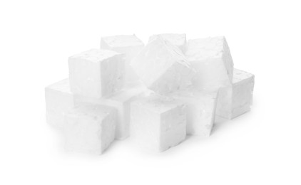 Photo of Pile of styrofoam cubes on white background