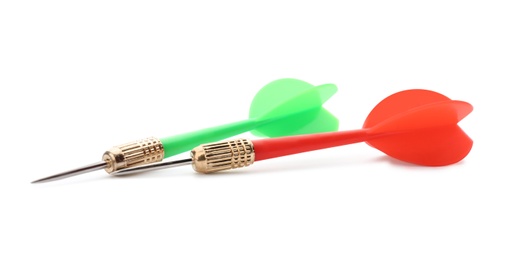 Photo of Sharp red and green darts isolated on white