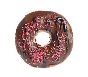 Photo of Delicious glazed doughnut with sprinkles on white background