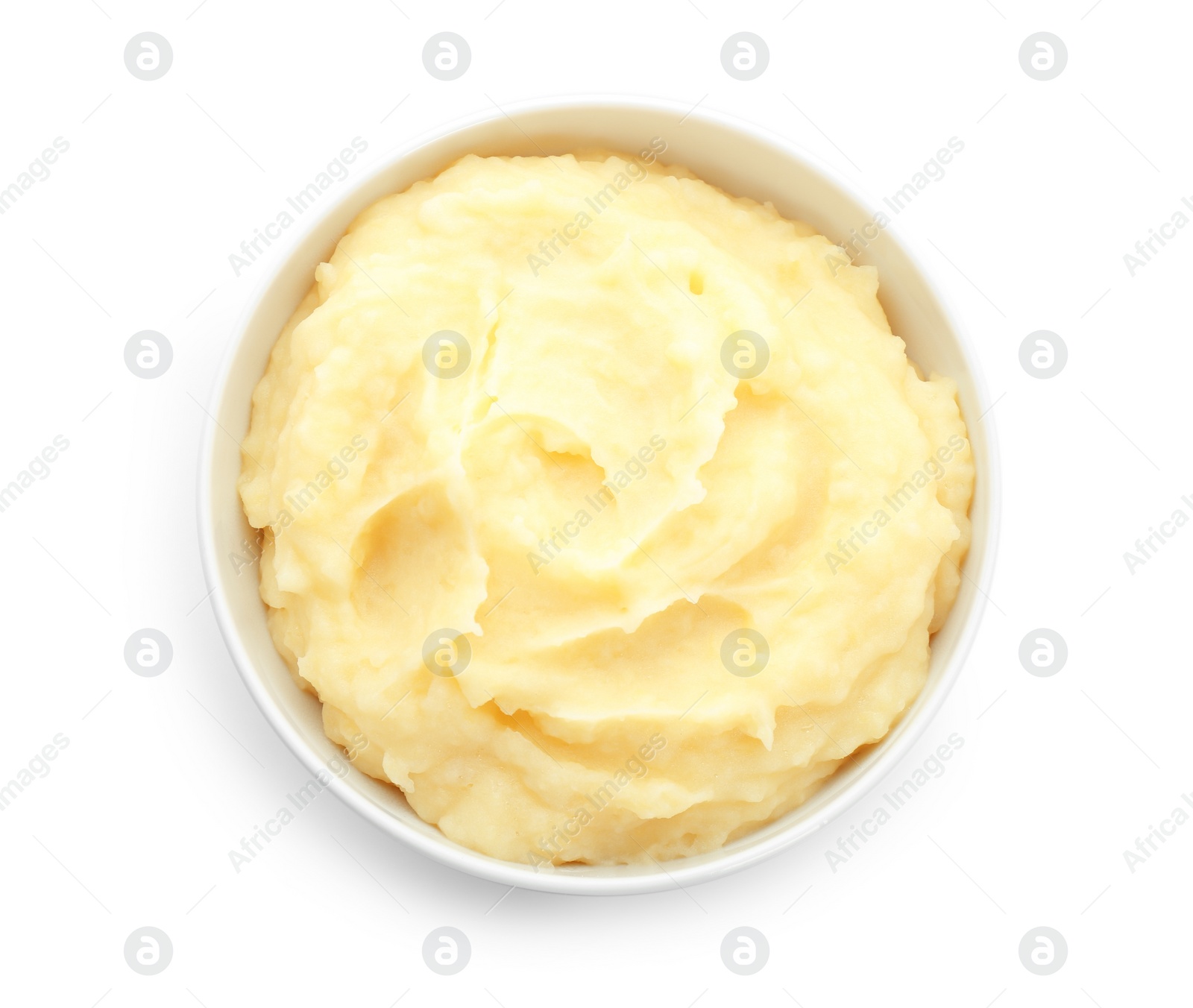 Photo of Bowl with mashed potatoes on white background, top view