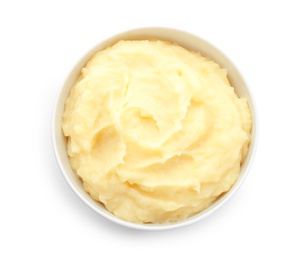 Bowl with mashed potatoes on white background, top view