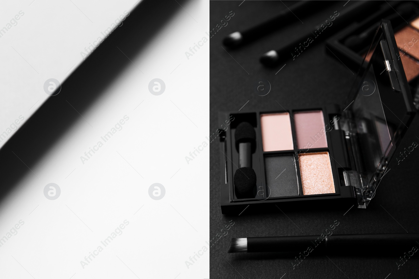 Photo of Eye shadow palettes and professional makeup brushes on colorful background, space for text