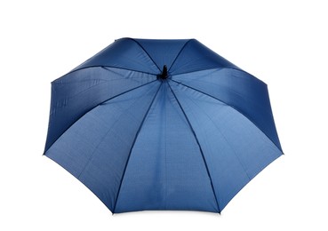 Photo of Stylish open blue umbrella isolated on white