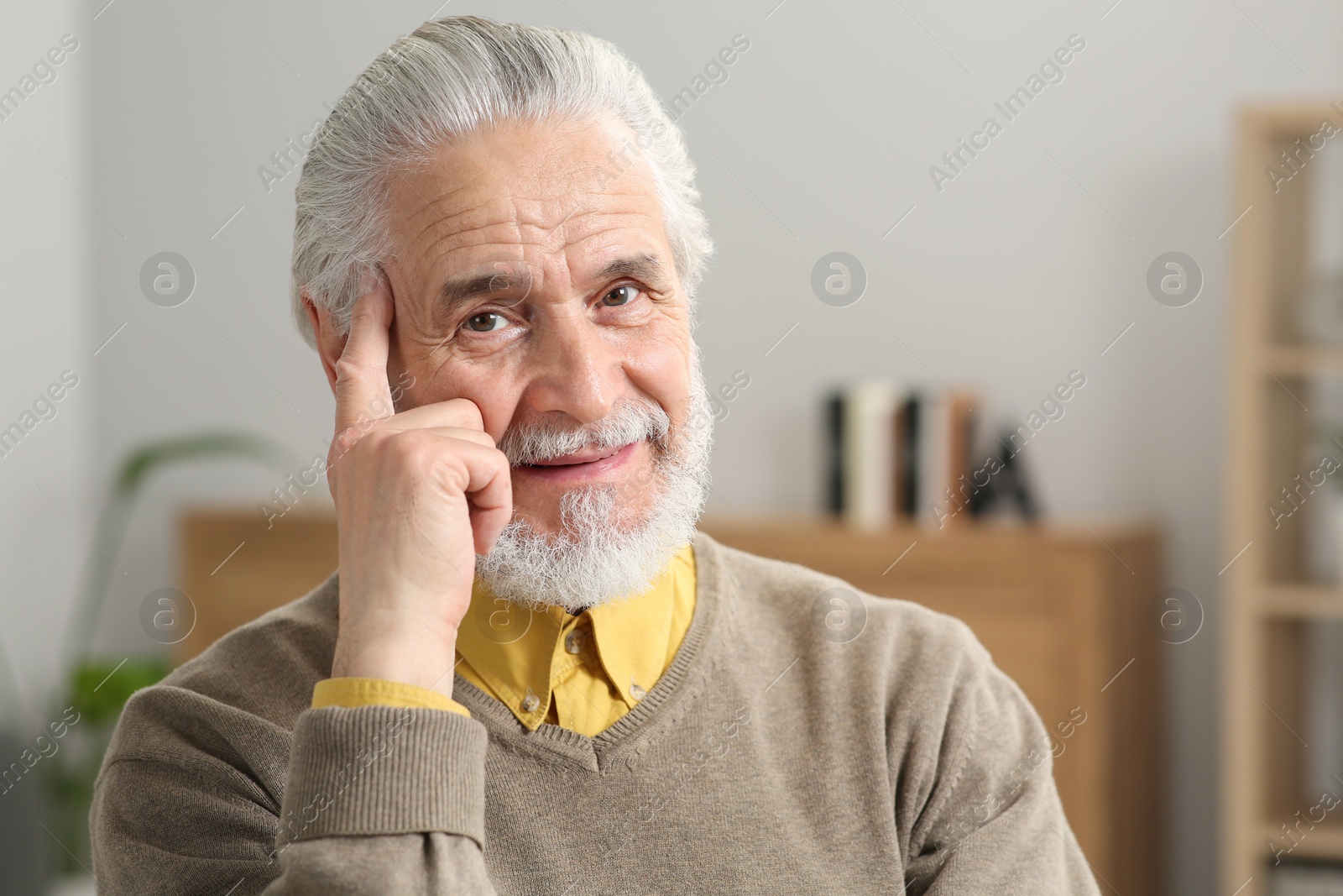 Photo of Portrait of handsome senior man at home. Space for text