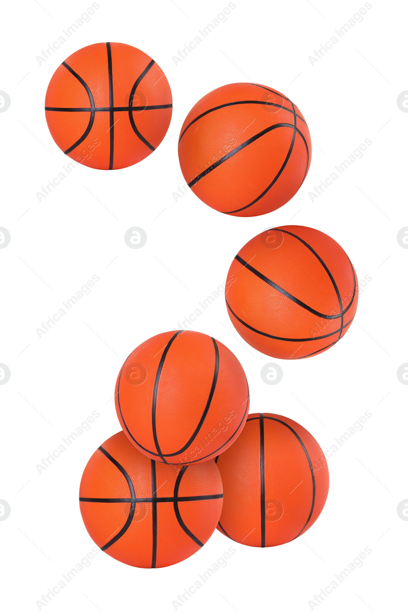 Image of Many basketball balls flying on white background