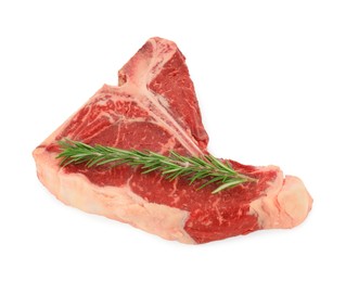 Photo of Raw t-bone beef steak and rosemary isolated on white