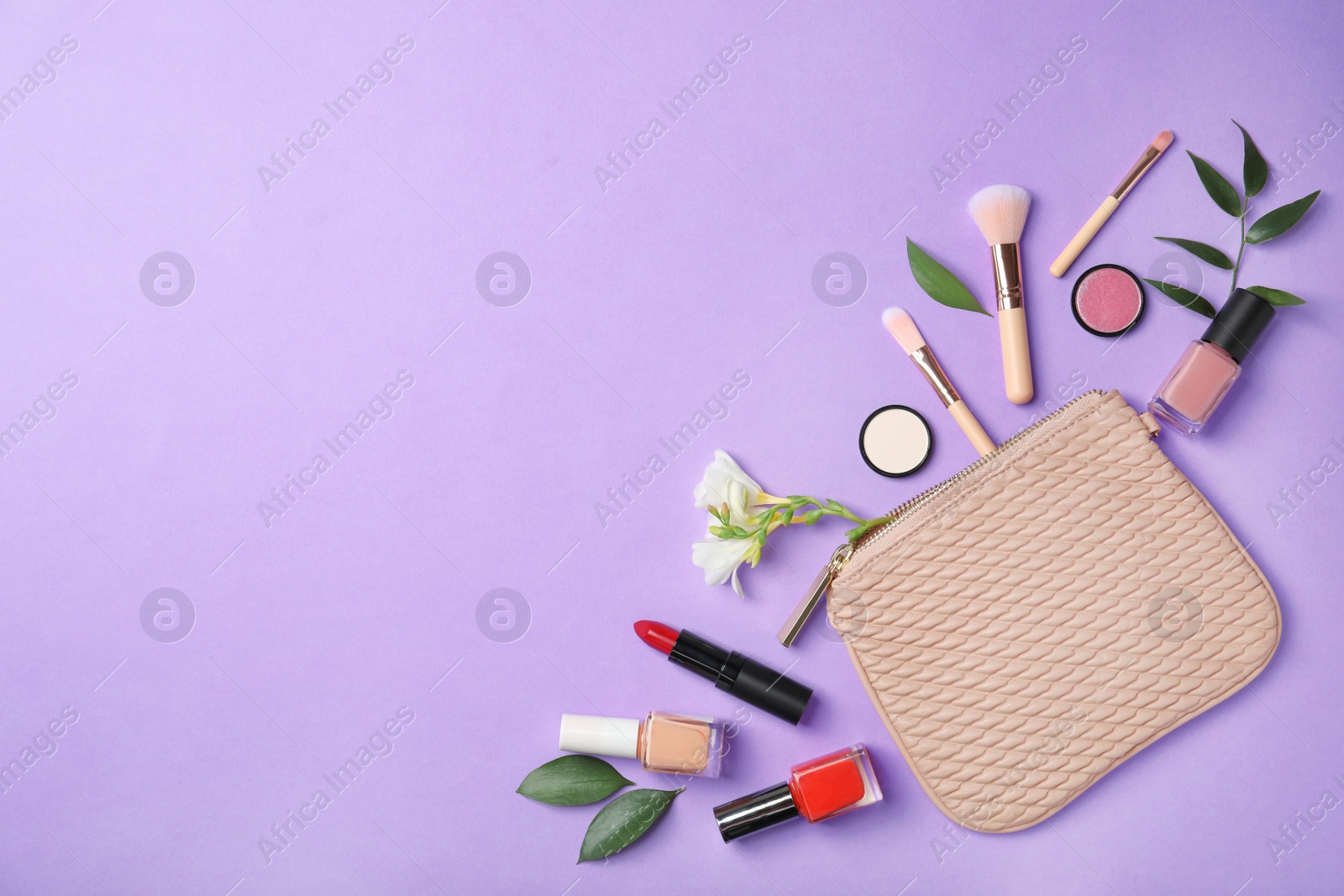 Photo of Flat lay composition with cosmetic products on color background