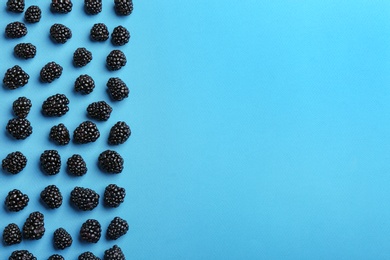 Photo of Fresh ripe blackberries on blue background, flat lay. Space for text