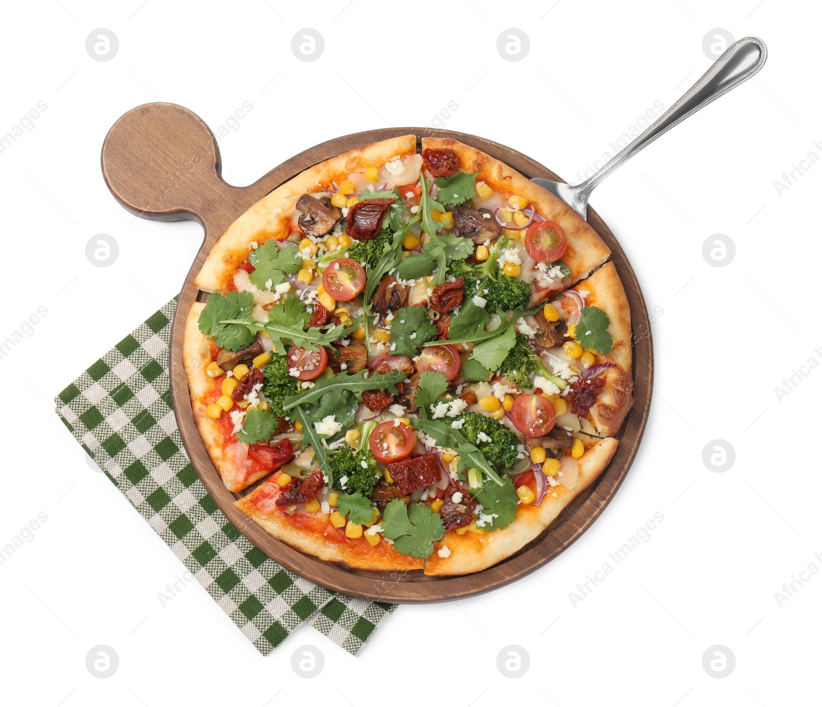 Photo of Delicious vegetarian pizza with cheese, mushrooms, vegetables and greens isolated on white, top view