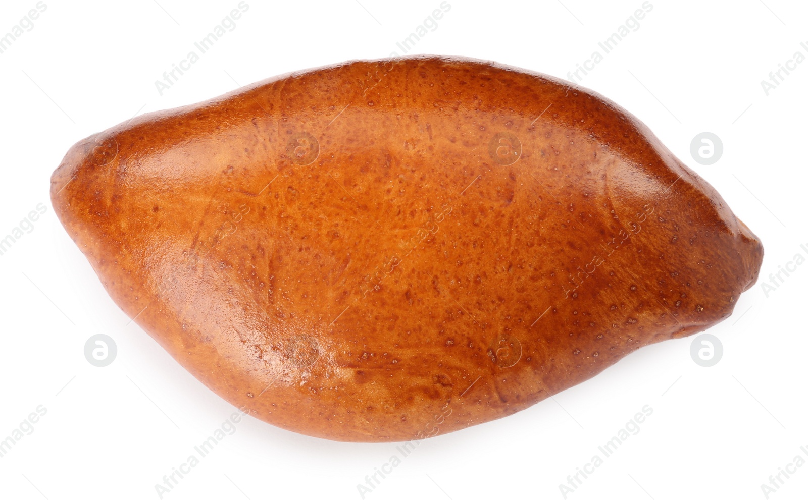 Photo of One delicious baked patty on white background, top view