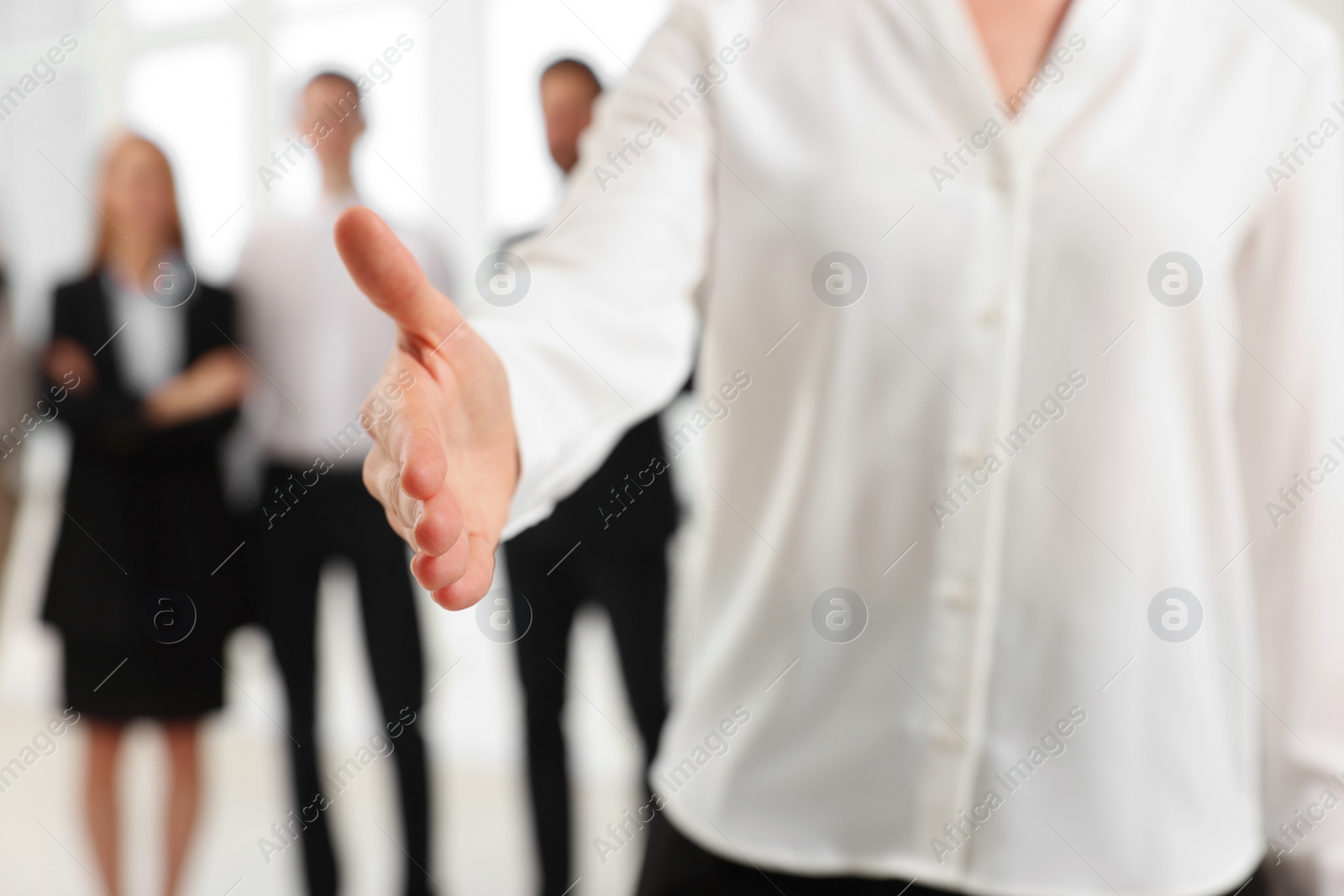 Photo of Woman welcoming and offering handshake indoors, closeup