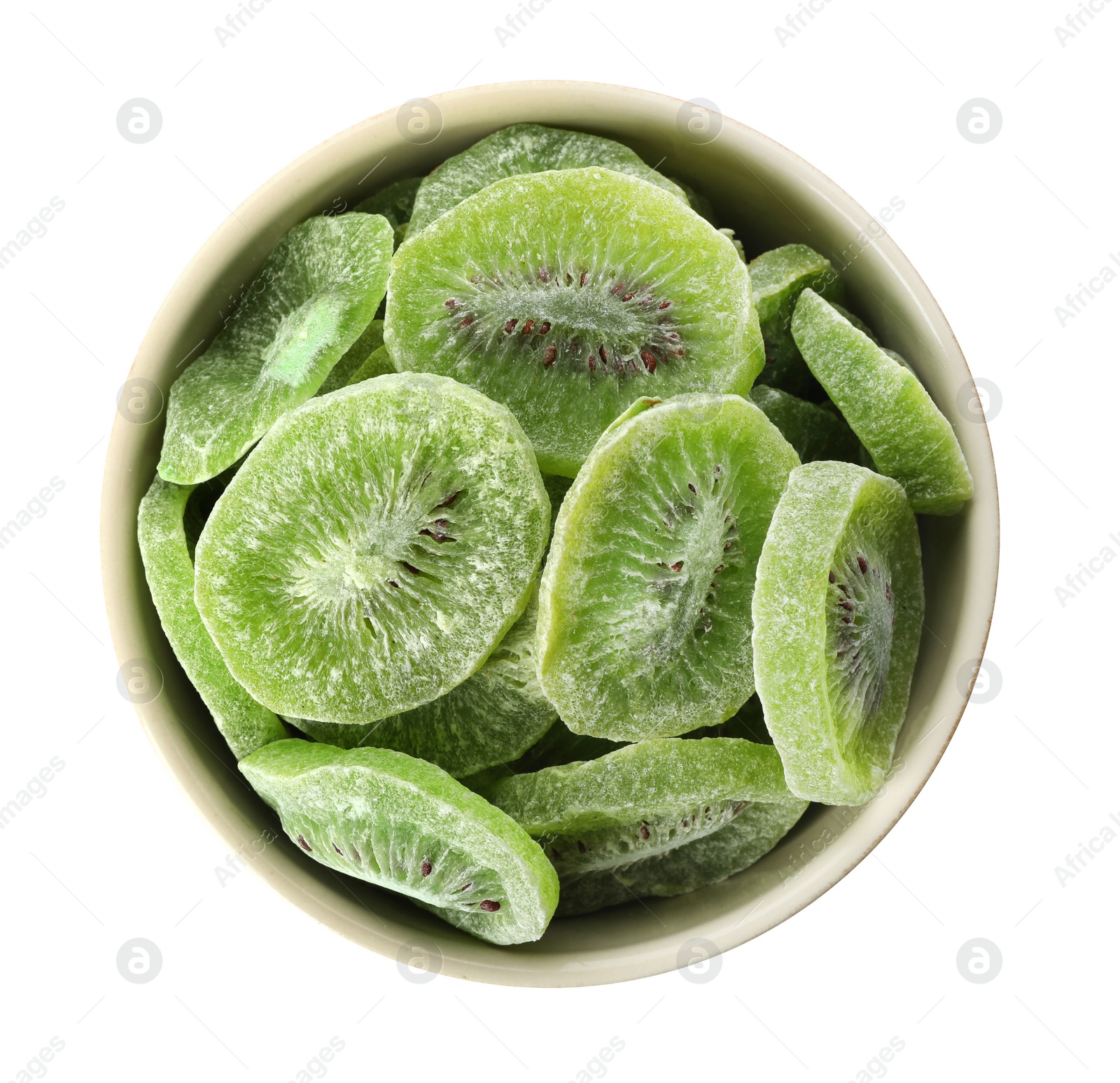 Photo of Bowl with slices of kiwi on white background, top view. Dried fruit as healthy food