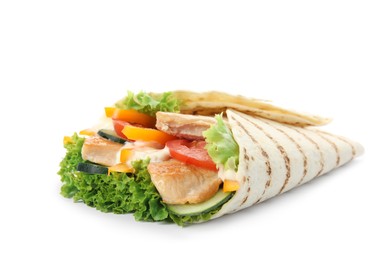 Delicious shawarma with chicken meat and fresh vegetables isolated on white