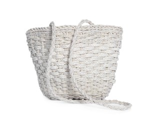 Photo of Stylish wicker beach bag isolated on white