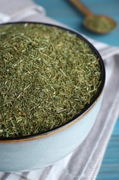 Dried dill in bowl on table, closeup
