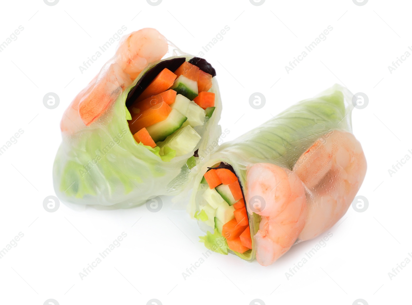 Photo of Cut spring roll with shrimps wrapped in rice paper isolated on white