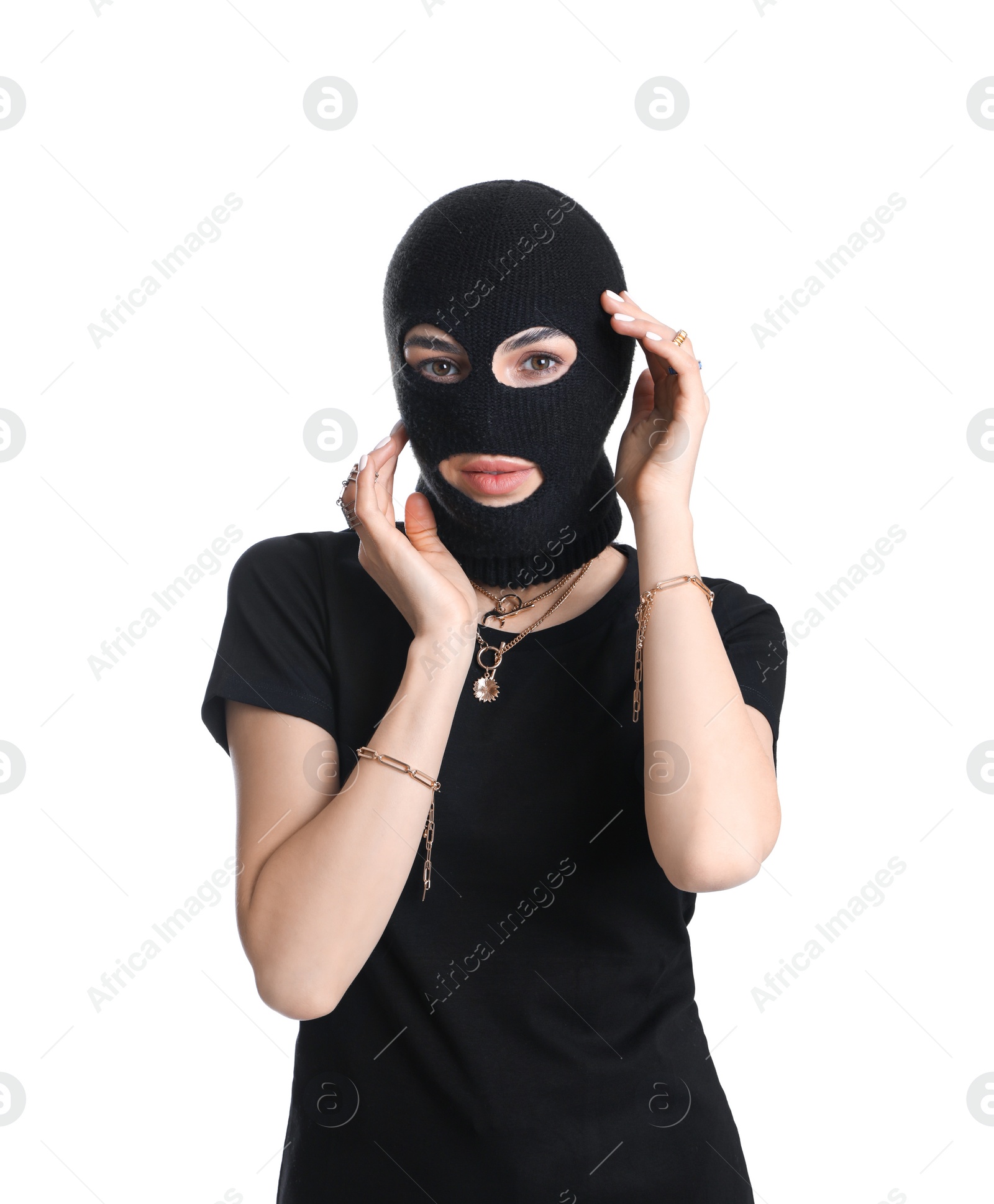 Photo of Woman wearing knitted balaclava on white background