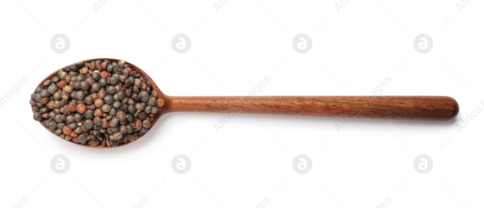 Photo of Wooden spoon with raw lentils isolated on white, top view