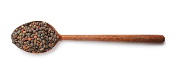 Wooden spoon with raw lentils isolated on white, top view