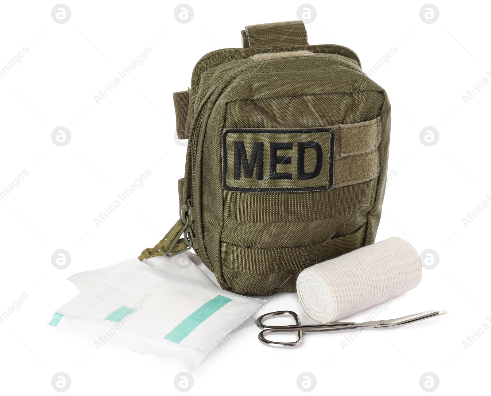 Photo of Military first aid kit with items isolated on white