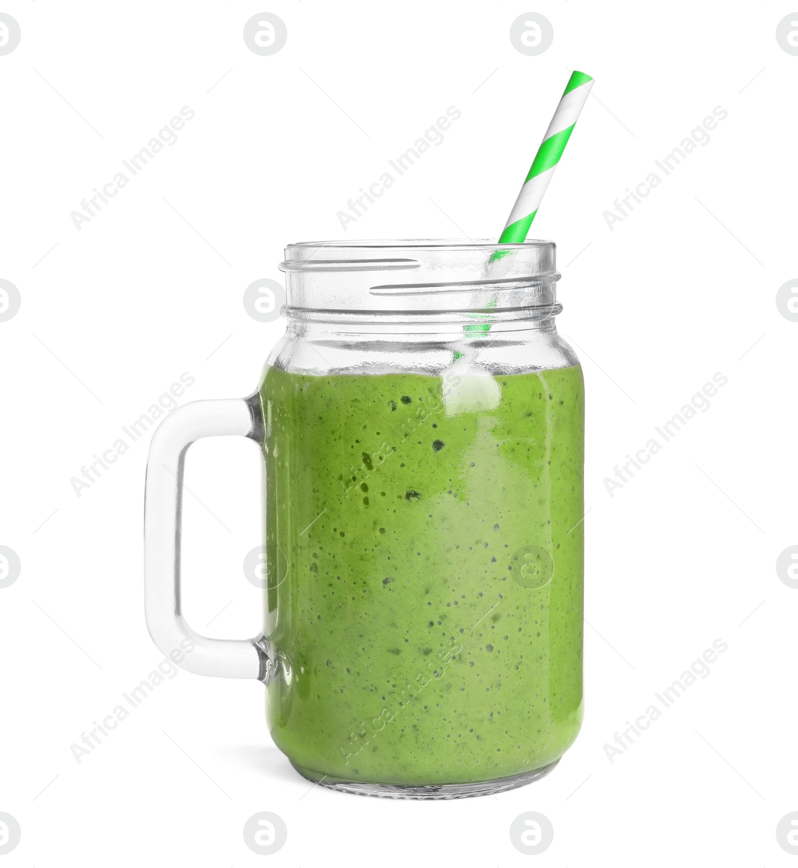 Photo of Mason jar of healthy detox smoothie on white background