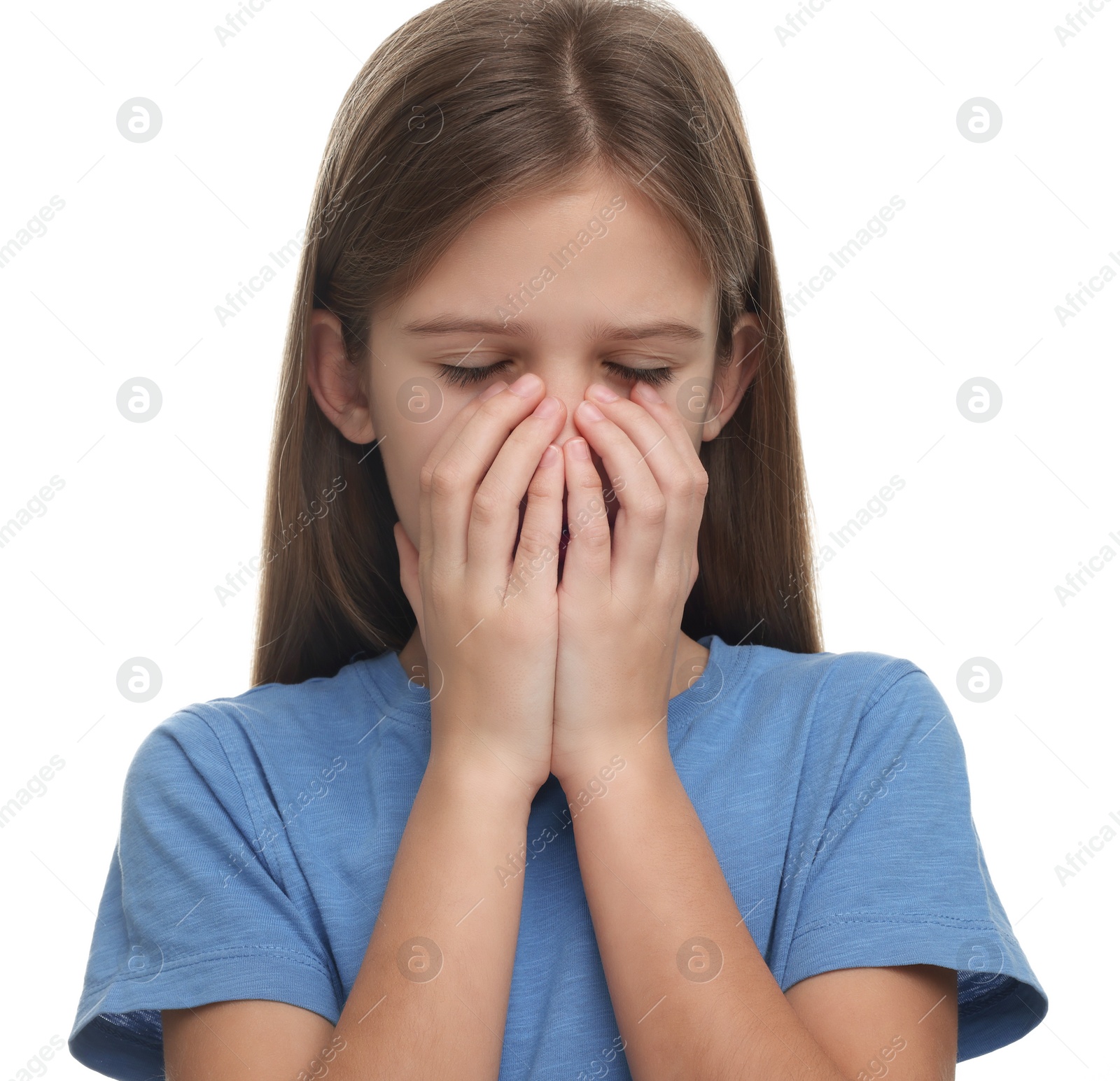 Photo of Sick girl coughing on white background. Cold symptoms