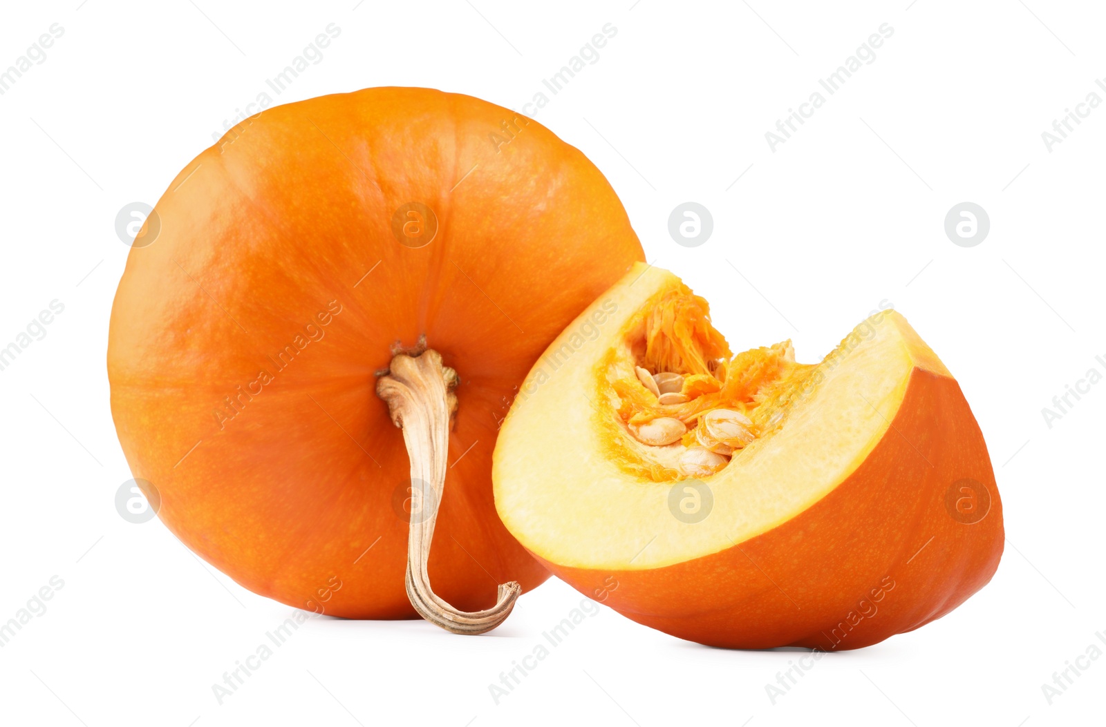 Photo of Whole and cut fresh ripe pumpkins isolated on white