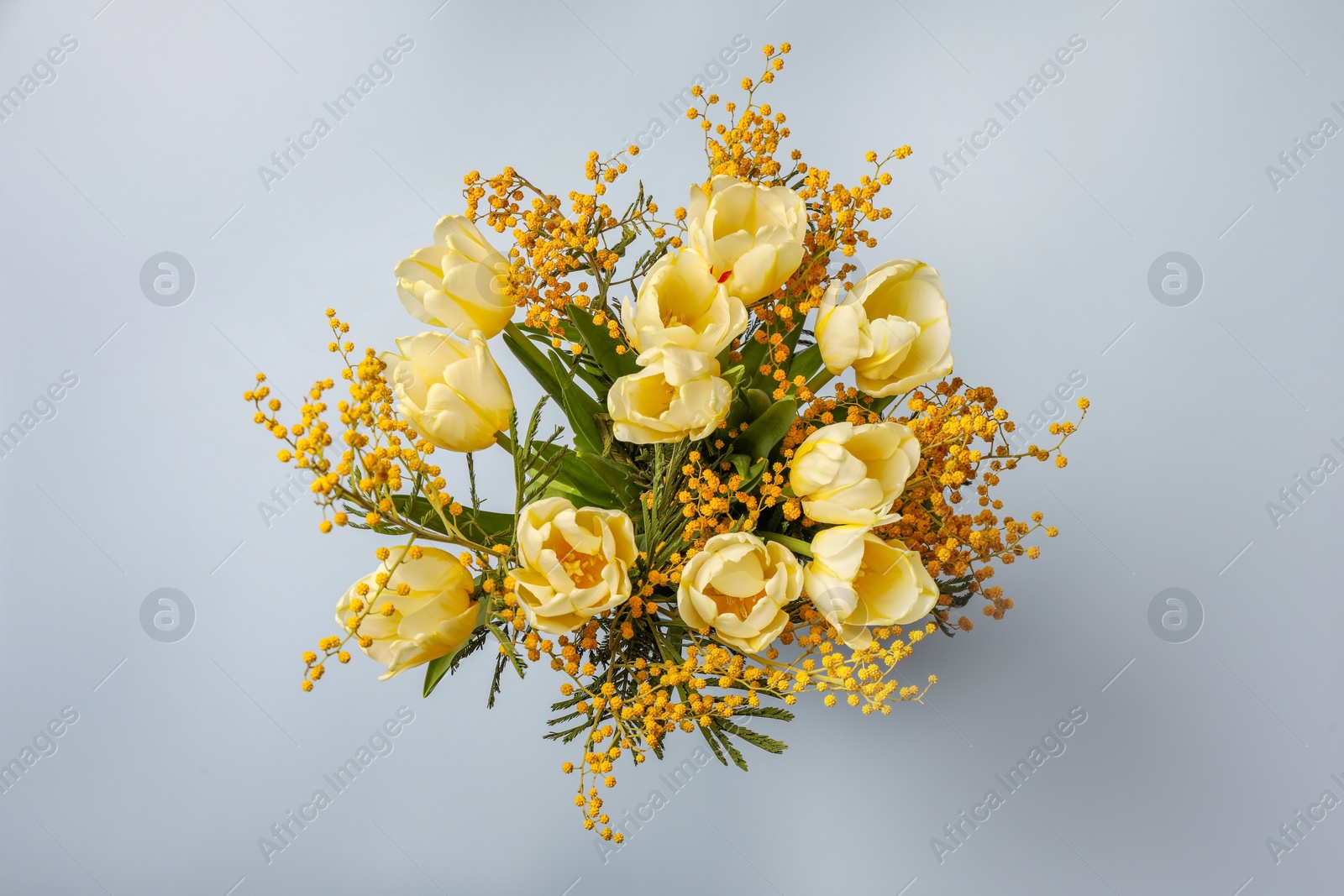 Photo of Bouquet with beautiful tulips and mimosa flowers on light grey background, top view