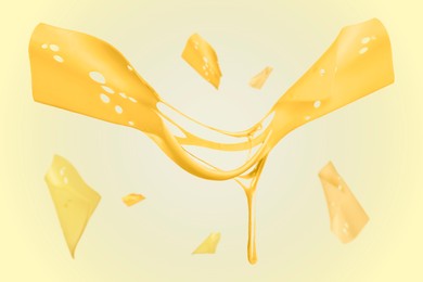 Image of Slices of cheese falling on yellow background