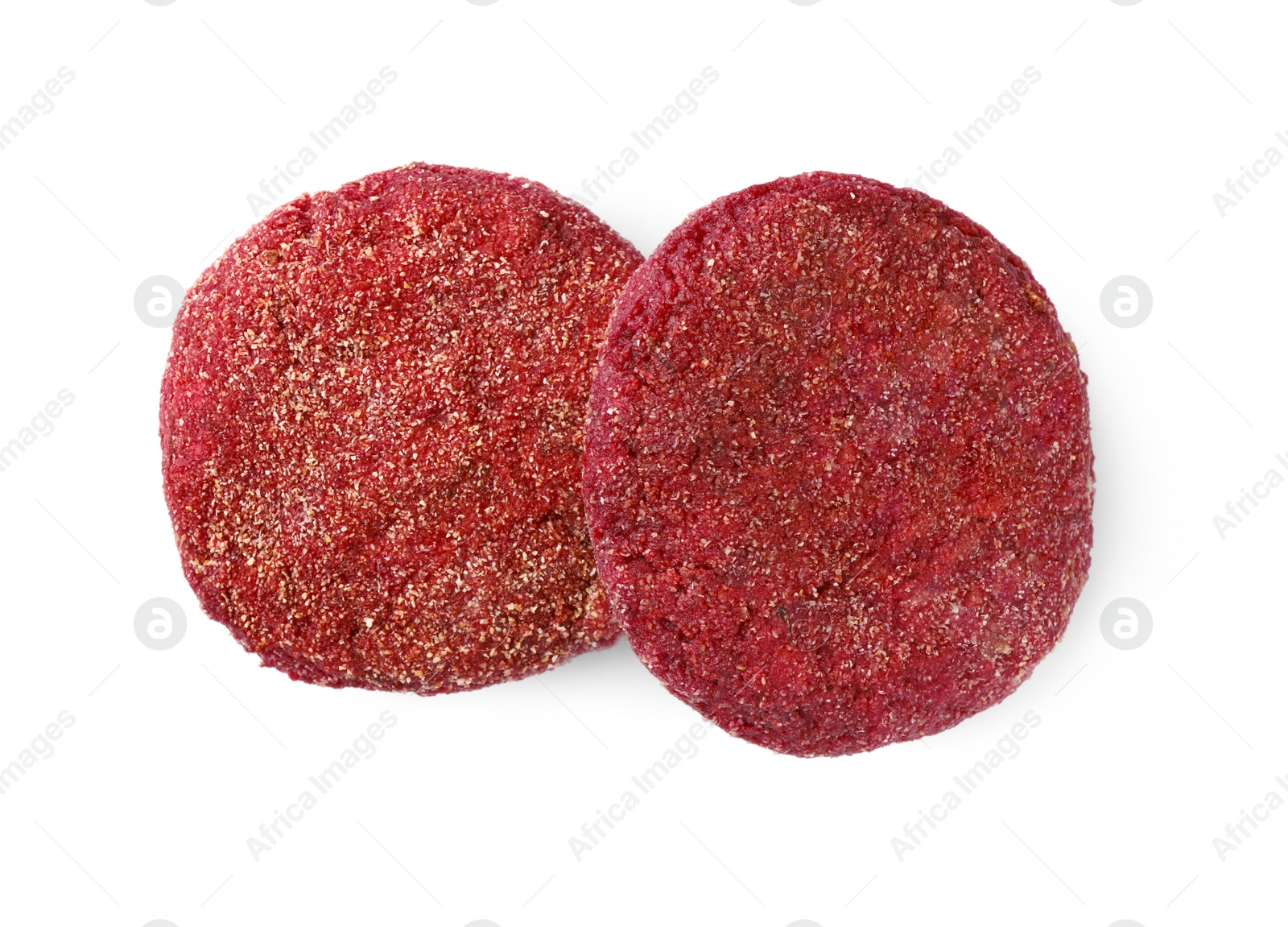 Photo of Two tasty vegan cutlets isolated on white, top view