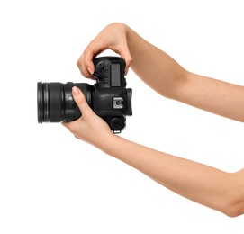 Photographer with camera on white background, closeup