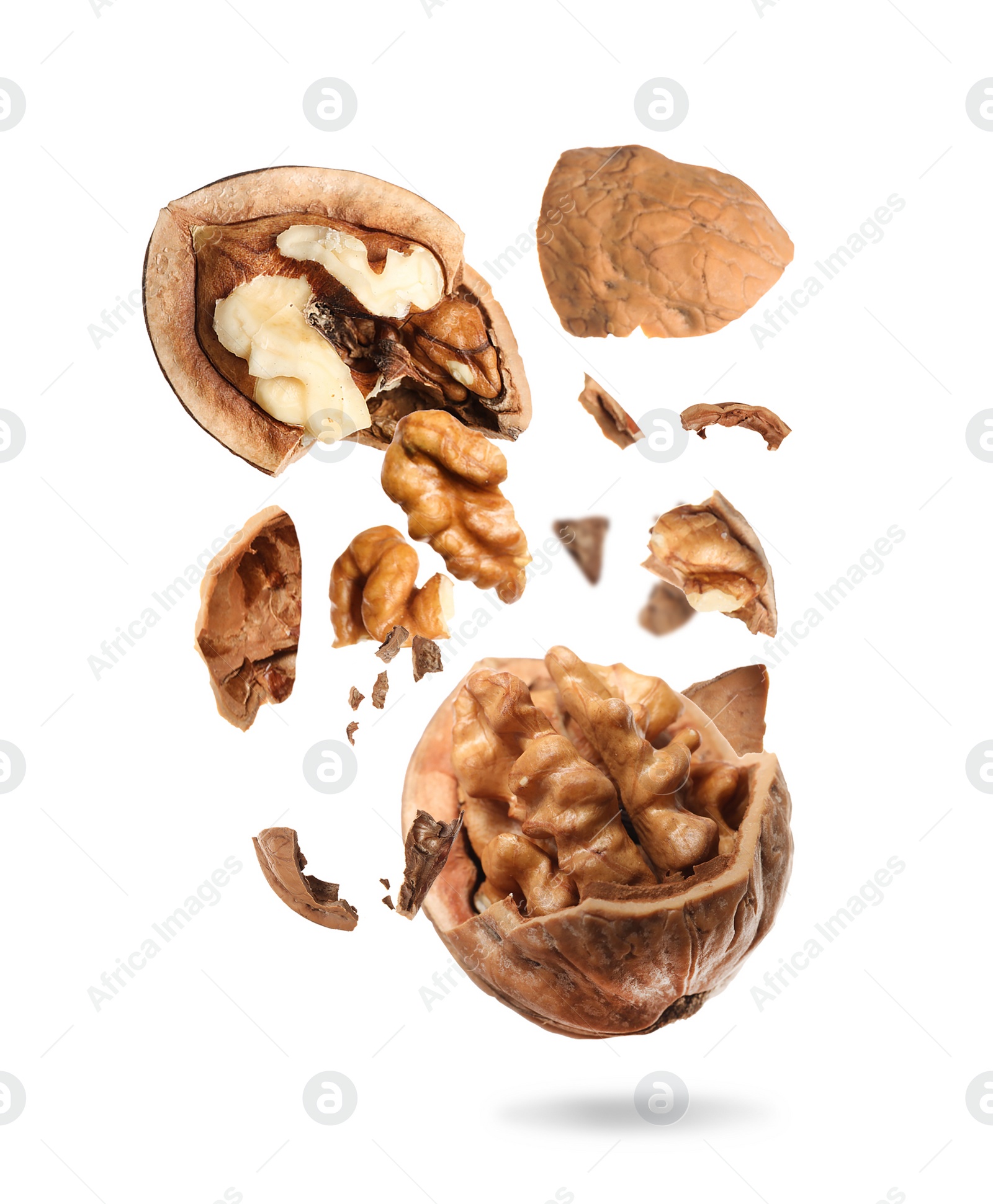 Image of Broken walnut and pieces of shell flying on white background