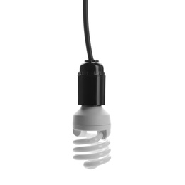 Photo of Hanging fluorescent light bulb on white background. Modern lamp