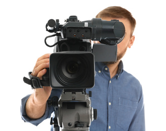 Photo of Operator with professional video camera on white background