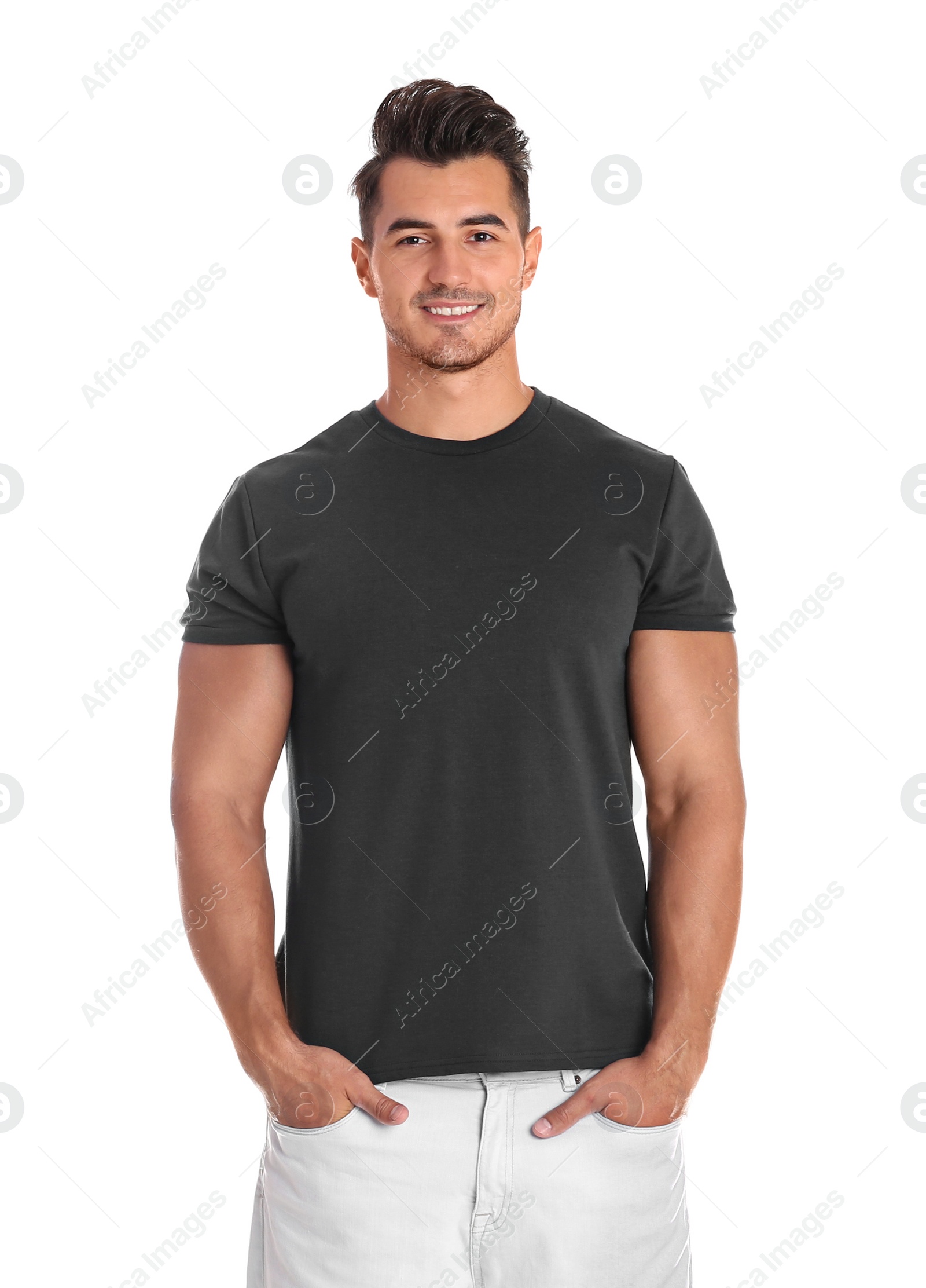 Photo of Young man in t-shirt on white background. Mockup for design