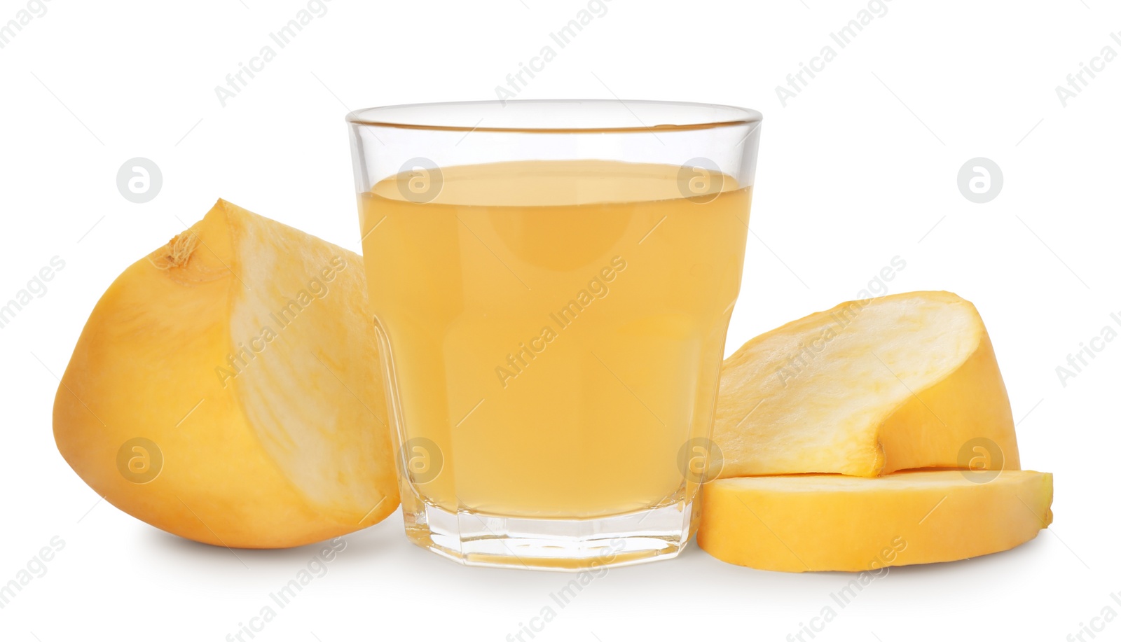 Photo of Glass of freshly made turnip juice on white background