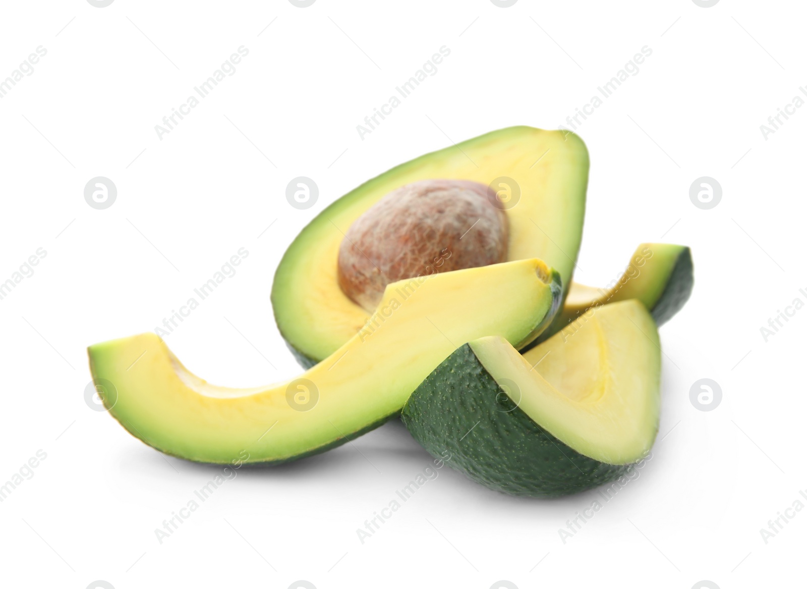 Photo of Slices of ripe avocado on white background