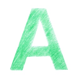 Photo of Letter A written with green pencil on white background, top view