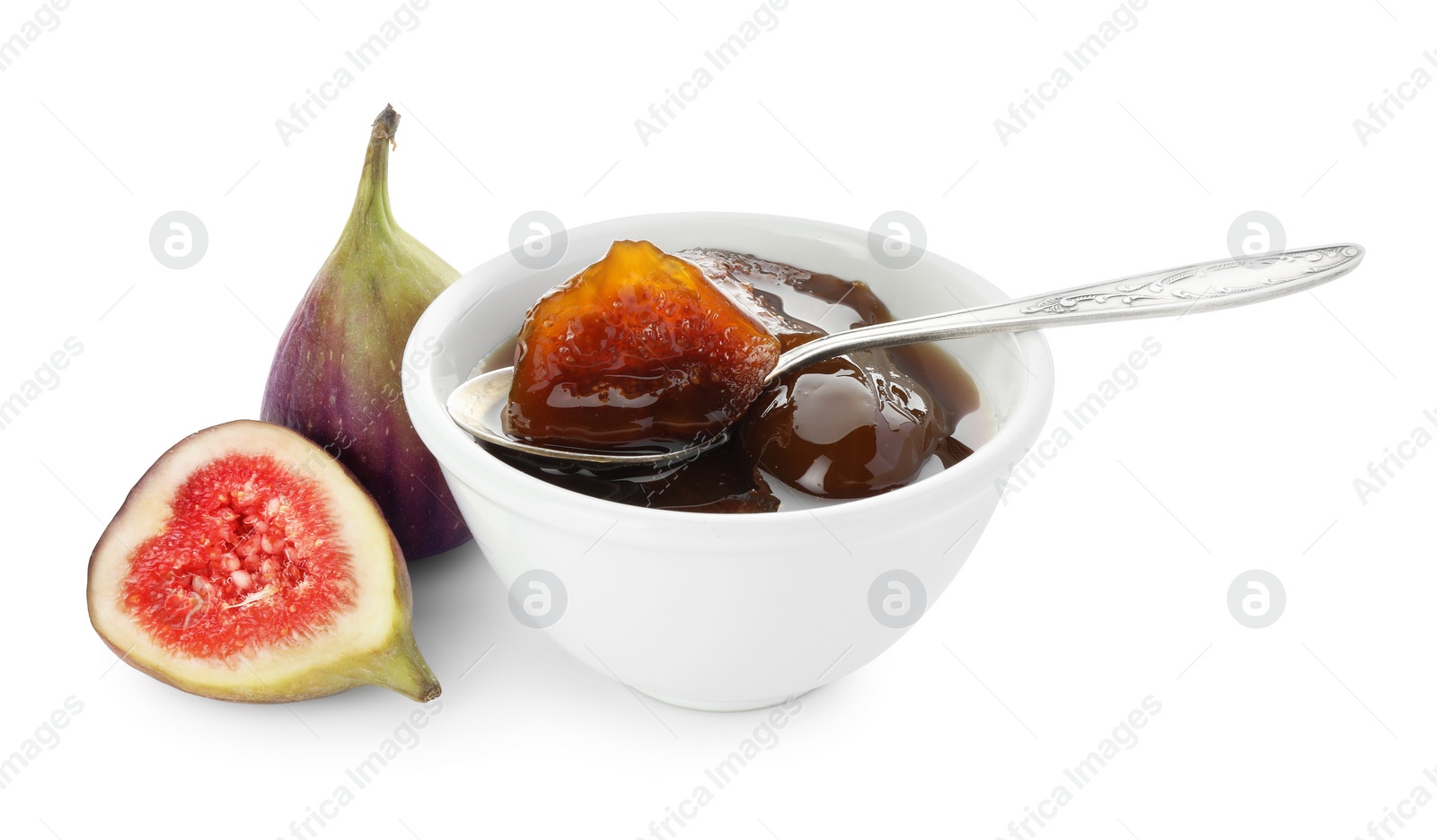 Photo of Bowl of tasty sweet jam and fresh figs isolated on white