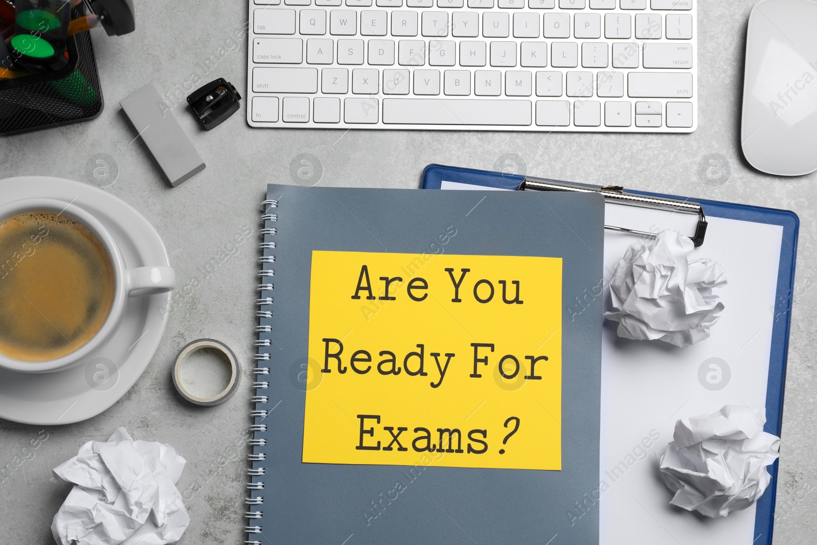 Photo of Sheet of paper with question Are You Ready For Exams? on grey table, flat lay