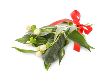 Photo of Mistletoe bunch with red bow isolated on white. Traditional Christmas decor