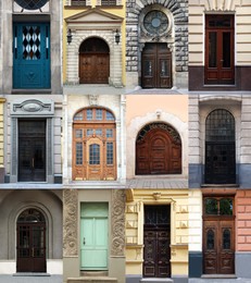 Collage with photos of old buildings with elegant wooden front doors