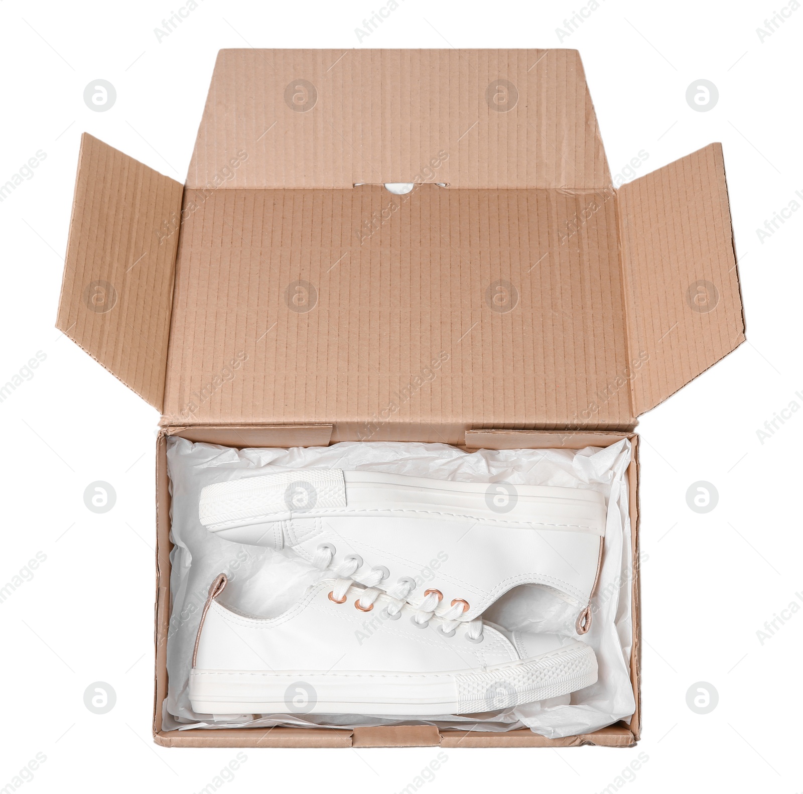 Photo of Box with pair of shoes on white background