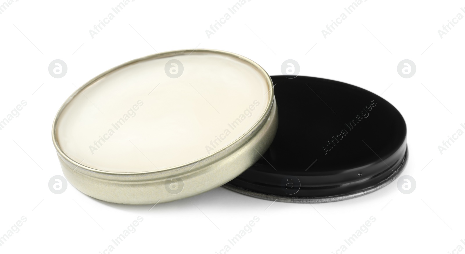 Photo of Can of wax polish isolated on white. Shoe care item