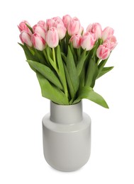 Photo of Bouquet of beautiful tulips in vase isolated on white